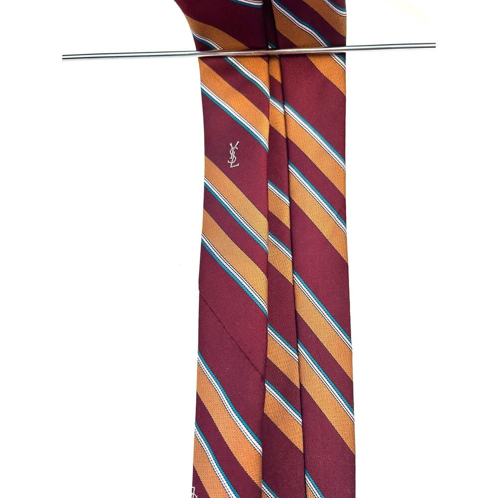 Yves Saint Laurent Cassandre YSL Logo Monogram Women’s Red Striped Tie Necktie - Picture 6 of 6